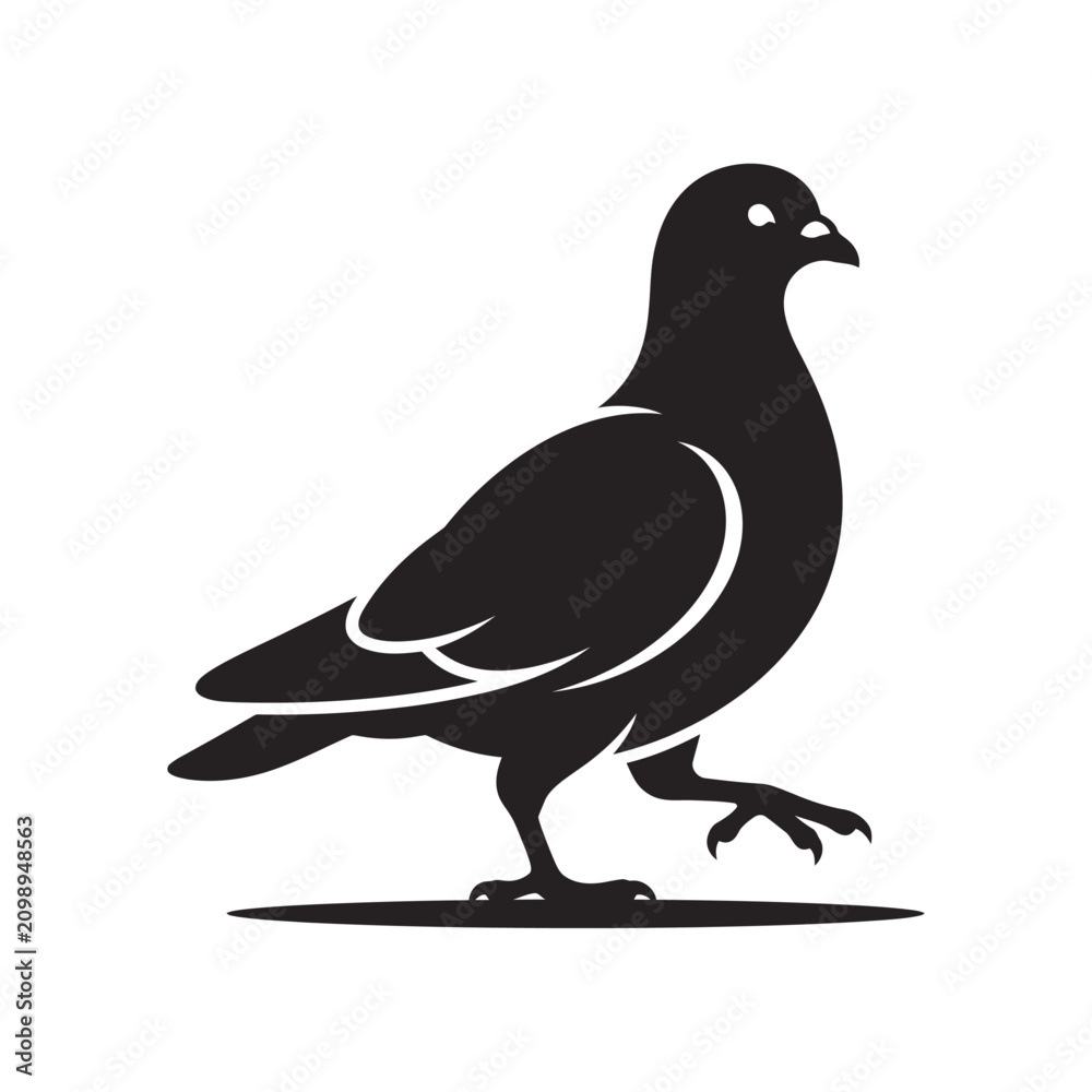 Fototapeta premium A bird illustration shows a pigeon standing on the ground in profile view.