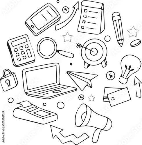 Hand drawn business icons set, black and white office doodle elements, marketing and finance vector illustrations for corporate presentations