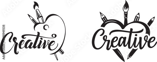 Creative lettering logo set with artist palette and heart shapes, black and white calligraphy art studio emblems, 2 vector design elements