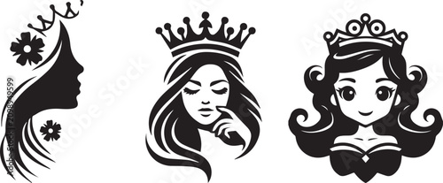 Princess and queen logo set, elegant woman silhouette with crown icons, black and white feminine beauty vector illustrations for branding