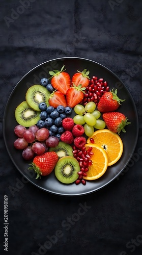 Fresh assorted fruit platter on dark circular plate.