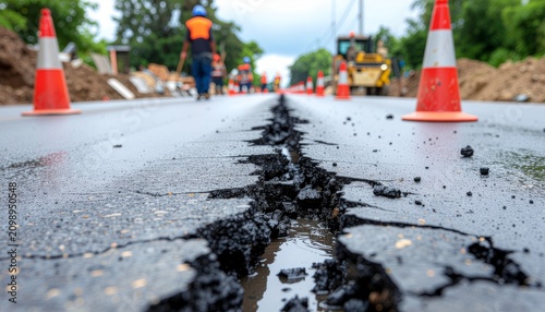 A close-up, low-angle shot of a severely cracked asphalt road, indicating damage or ongoing construction. Orange traffic cones are placed on either side.