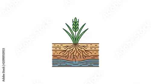 фотографія Illustration of a plant with roots in soil and water layers.