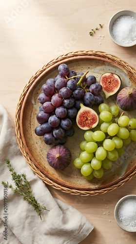 Fresh grapes and figs on a rustic plate.