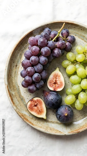 Fresh grapes and halved figs on ceramic plate.
