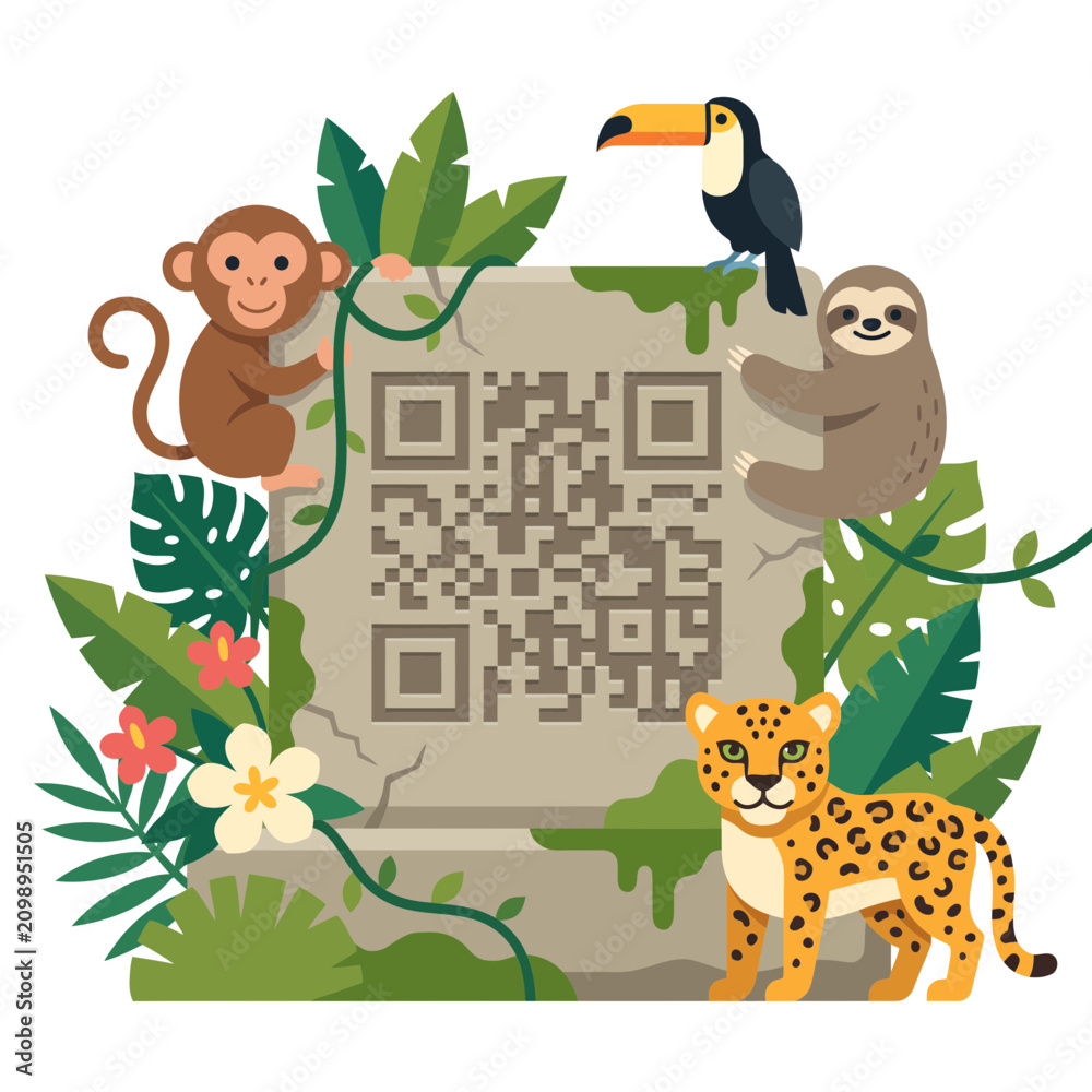 Fototapeta premium Jungle Animals Gathering Around an Ancient Stone Tablet Featuring a Digital QR Code Scan Symbol