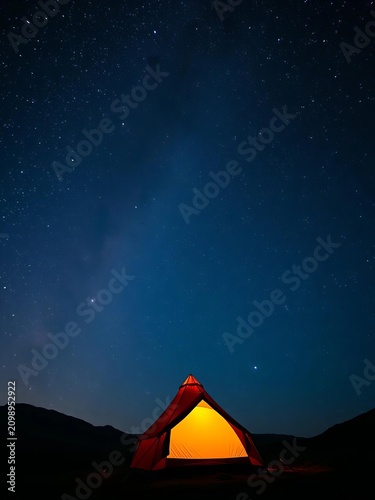 Illuminated tent standing tall under starry night sky with twinkling Milky Way above, outdoor, wilderness