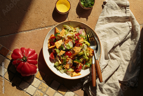 Fattoush summer salad terracota tile bright sunlight Mediterranean Middle east Lebanese
