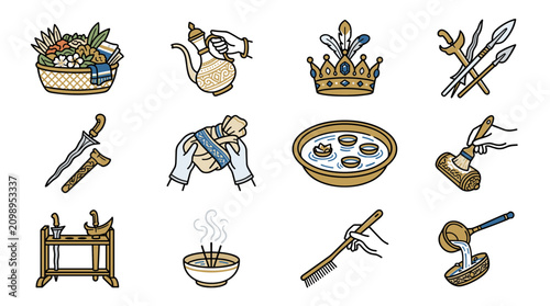 Fotografía Traditional Indonesian Culture Icons: Kris, Crown, Tea Ceremony, Basket of Flowe