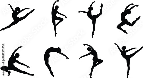 Ballet dance and contemporary gymnastic performance vector silhouette set featuring female dancers executing elegant jumps and poses