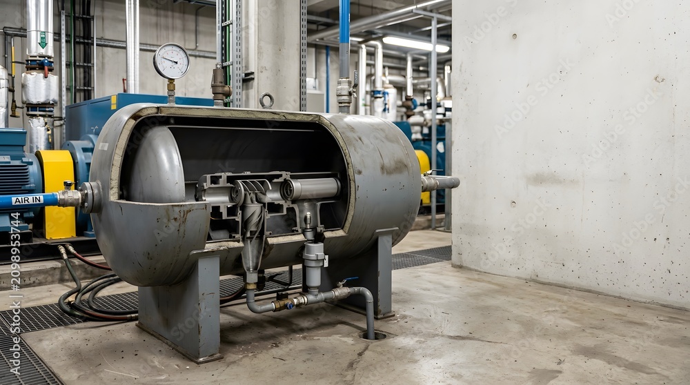 Fototapeta premium industrial air receiver tank with realistic partial cutaway revealing internal pressure vessel components for compressed air systems