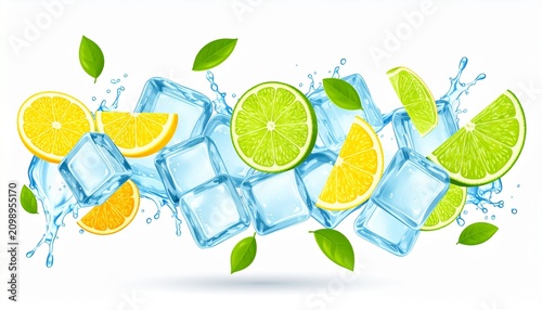 Vibrant blue floral arrangement with yellow citrus fruits and green leaves.