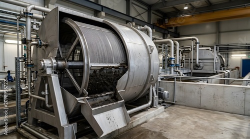 industrial rotary drum filter with realistic partial cutaway revealing rotating filtration screen