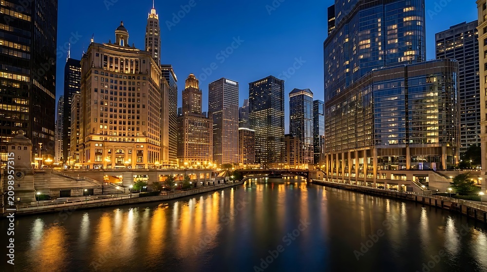 Obraz premium Illuminated Chicago riverwalk skyscrapers reflecting on water at night