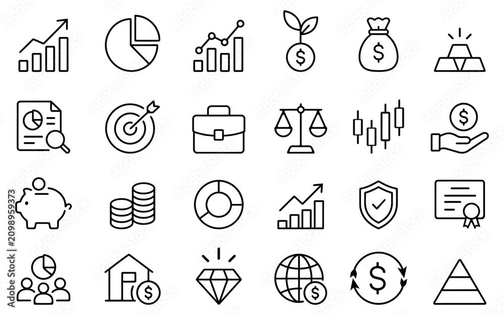 Fototapeta premium Business Finance And Money Growth Line Art Icon Set