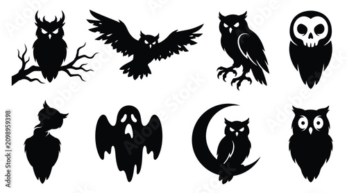 Set of black owl silhouettes and spooky halloween icons for design Vector
