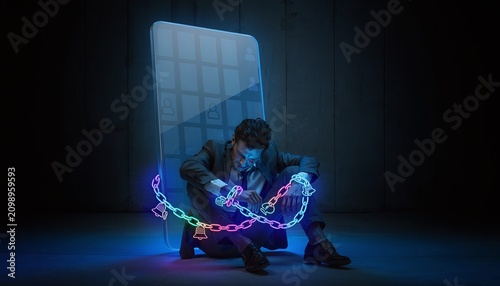 A depressed businessman sits chained to a giant glowing smartphone, evoking deep feelings of digital addiction, social media entrapment, and mental stress in a modern hightech world.