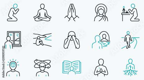 Tableau sur toile Spirituality, Meditation and Mental State Line Icon Set