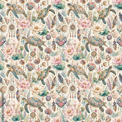 Watercolor Sea Turtle Seamless Pattern with Coral, Seashells and Tropical Ocean Floral Background