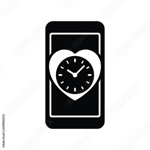 Minimalist smartphone icon with heart shape and clock face. Love time, time tracking application, and relationship duration concept. Flat black vector silhouette isolated on white background