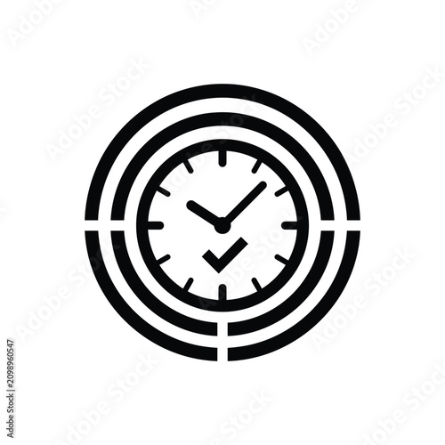 Clock with Checkmark Icon and Circular Borders, Time Management and Completed Tasks Silhouette Vector