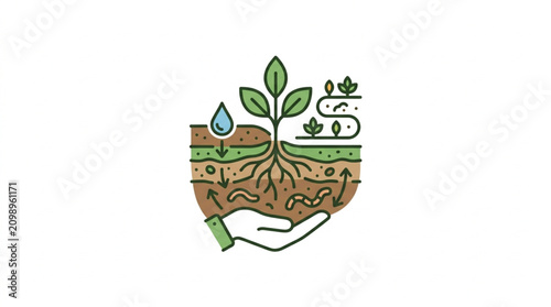 Fotografía Illustration of healthy soil with plant roots and water droplet.