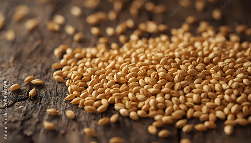 Obraz premium Macro photography of golden wheat grains scattered naturally across a rustic background, organic cereal seeds texture, generative AI image