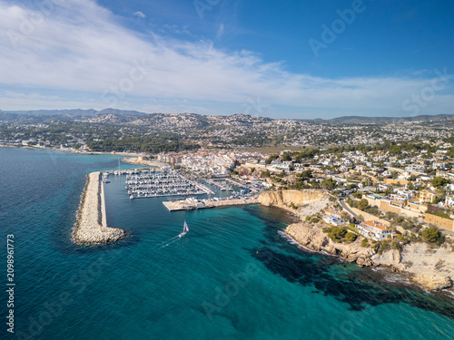 Aerial View of Coastal Marina and Mediterranean Town, Moraira, Spain