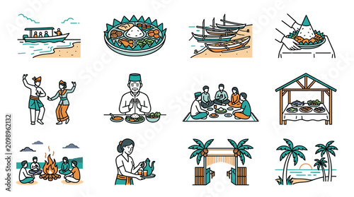 Indonesian Culture Icons: Food, Dance, Boats, and Tropical Scenery