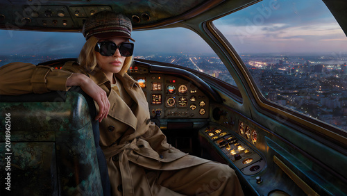 Stylish aviator pilot woman sitting in an aircraft cockpit overlooking a sprawling city skyline at dusk