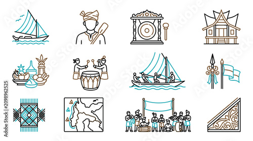 Canvastavla Southeast Asian Culture Icons: Boat, Traditional Dress, Gamelan, House, Weaving,