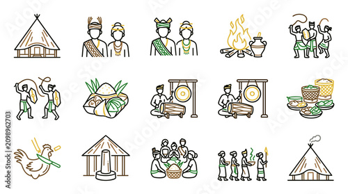 Tableau sur toile Cultural Traditions Icons: Village Life, Ceremony, Music, Dance, Food, People