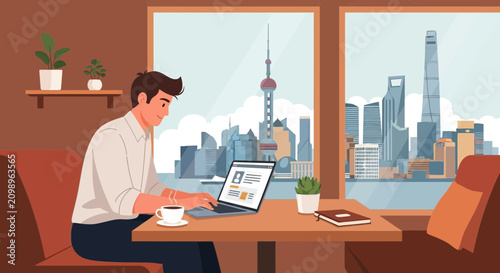 Professional businessman working on laptop in modern office.