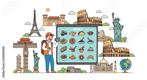 Woman standing in front of colorful world landmarks illustration.