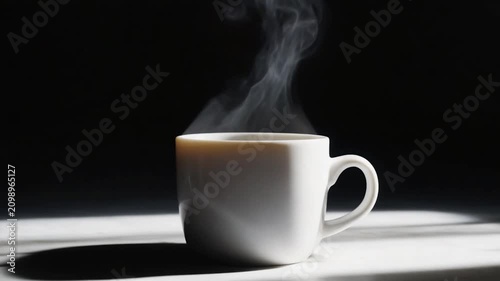 A steaming hot cup of coffee on a table with light shining.
