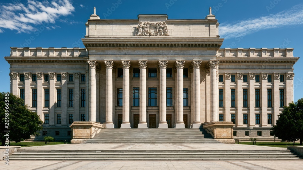 Obraz premium A grand, classical-style building with columns and a statue on top, set against a clear blue sky with a few clouds.