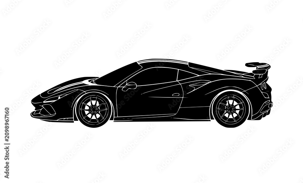 Fototapeta premium Sports Car Silhouette Vector with Aerodynamic Supercar Design and Racing Stripes