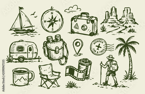Adventure travel doodle icon set vector illustration with green hand drawn camping vacation and outdoor elements