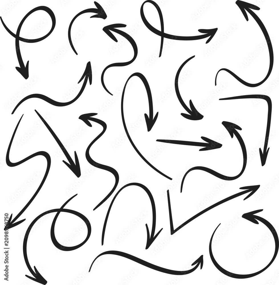 Fototapeta premium Hand drawn arrow set in black ink, decorative curved pointer collection, organic brush stroke direction symbols for infographics and design
