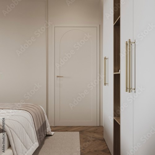 Fotografía Minimalist bedroom entrance with elegant built-in wardrobes, soft neutral tones, and refined contemporary architectural detailing