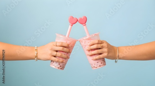 Two hands holding bubble tea cups. Friends toasting with pink boba drinks on blue background.