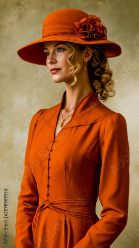 A woman wearing a vibrant orange dress and hat with a flower in her hair