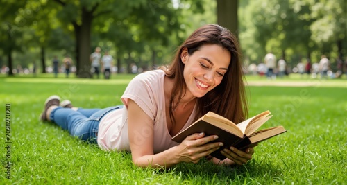 Happy woman lying on green grass reading a book in the park (outdoors)
