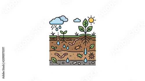 Cuadro en lienzo Illustration of soil ecosystem with plants, worms, and rain.