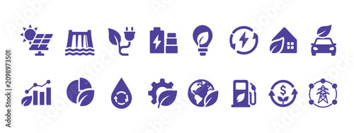 A diverse set of purple icons representing sustainable energy solutions and environmental conservation efforts
