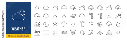 Cuadro en lienzo Minimalist weather icon set with 40 linear vector elements, thin line meteorolog