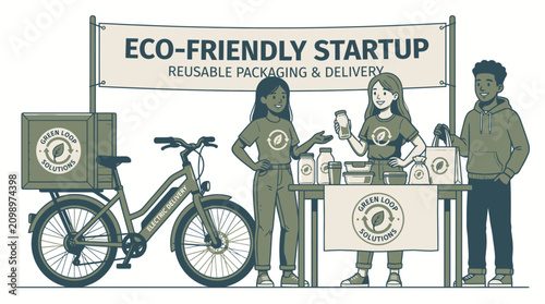 People operate eco-friendly startup with reusable packaging and delivery on bicycle