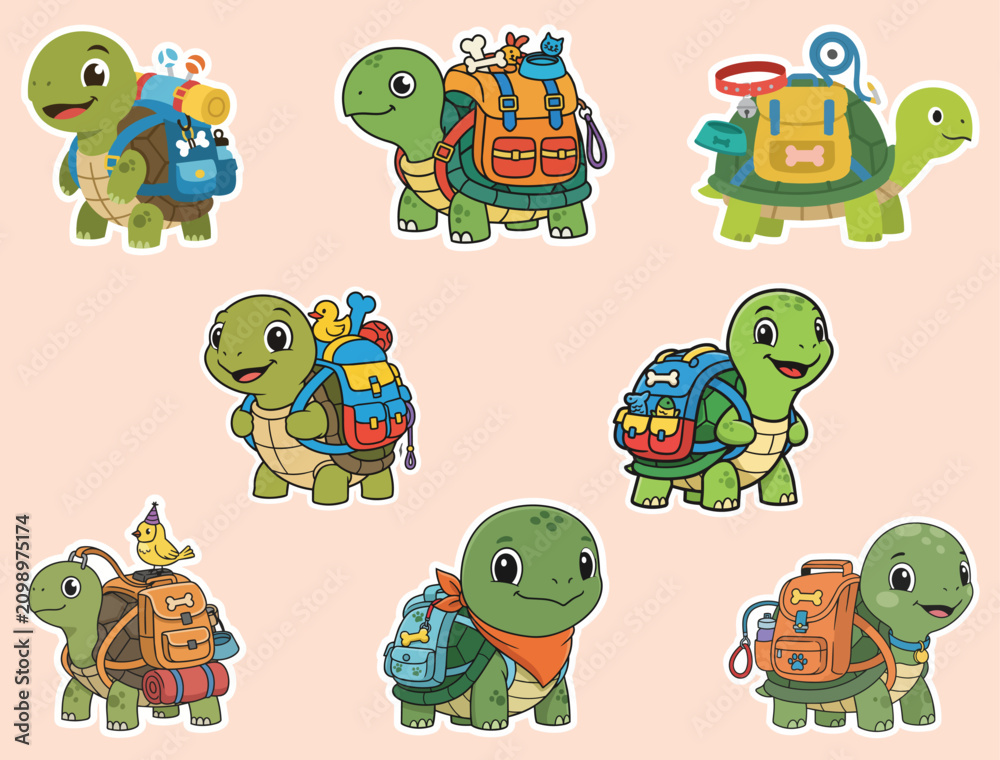 Fototapeta premium TURTLE WITH PET ACCESSORIES BACKPACK STICKER