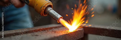 Worker heating metal with gas blowtorch. Close up of welding torch with bright flame and sparks. Panoramic banner of metalworking and fabrication
