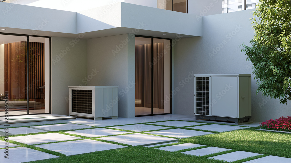 Fototapeta premium Modern House with Outdoor Heating and Cooling Systems on Patio